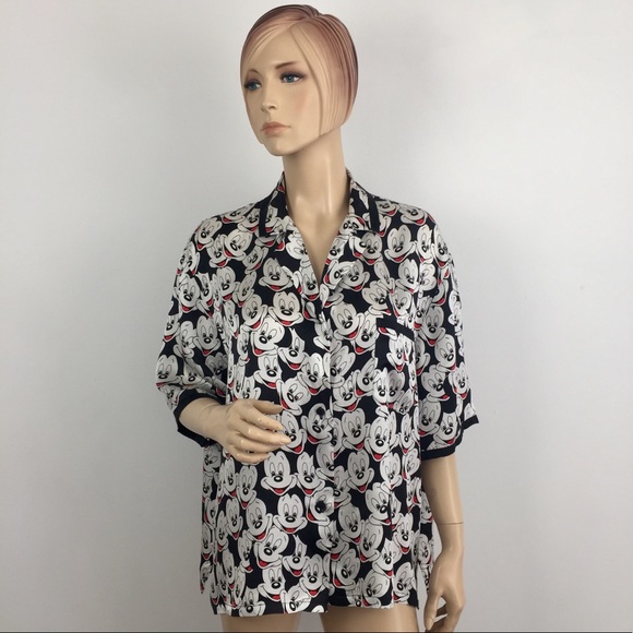 Disney Tops - Vintage Disney Mickey Mouse Face Silk Shirt Large